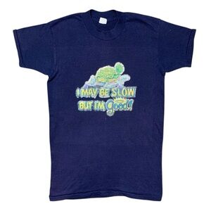 Vintage 70s Graphic Iron On Turtle I May Be Slow But I’m Good Cute Retro TShirt